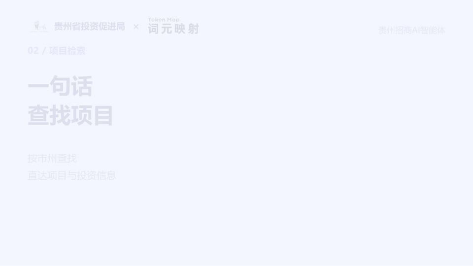 图片展示的是贵州招商AI智能体的项目检索功能，标题为“一句话查找项目”，下方说明按市州查找，直达项目与投资信息。图片位于介绍贵州招商AI智能体功能的文档中，是对该智能体按市州查找项目功能的直观呈现，与上下文提到的“项目介绍视频画面：4项手工检索整理操作→1次自然语言提问。75%采用上述步骤测算口径”相呼应，直观展示了其按市州查找项目这一功能特点。