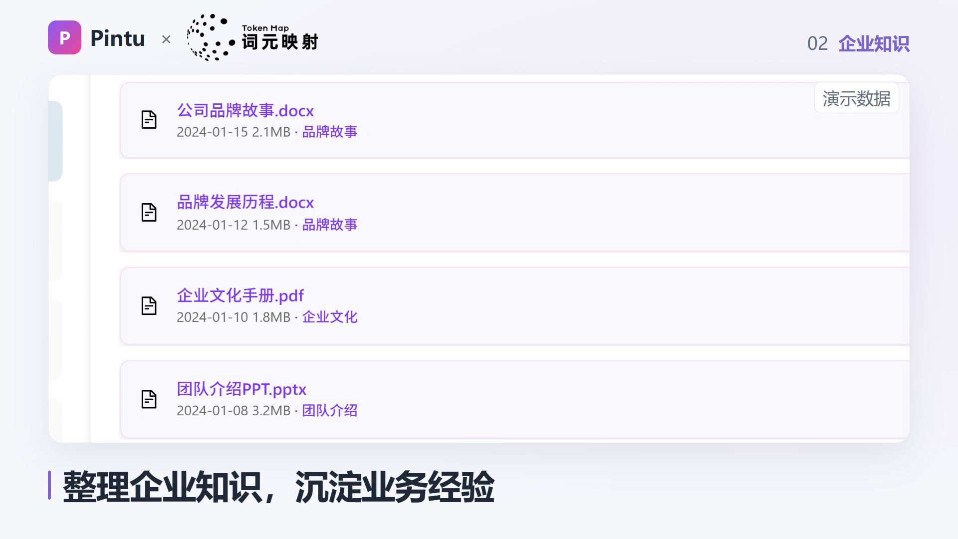 图片展示了企业知识整理的内容,包括公司品牌故事、品牌发展历程、企业文化手册、团队介绍PPT等文档。这些资料按业务主题整理,便于持续维护。图片与上下文紧密相关,上下文提到项目提供企业知识整理与管理能力,团队可围绕品牌介绍、产品资料、服务流程和常见问题整理知识,此图直观呈现了企业知识整理的具体形式,强调了沉淀业务经验的重要性。