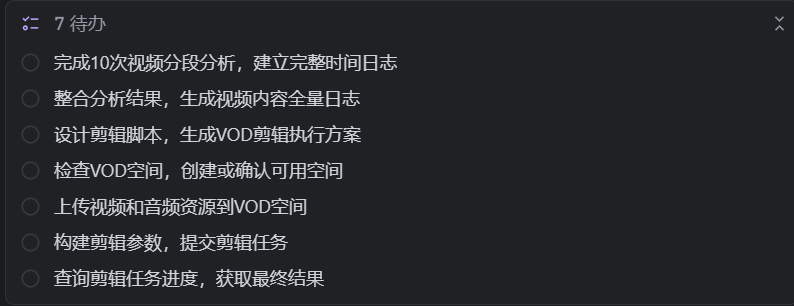 图片展示的是视频剪辑任务的待办事项。内容包括：完成10次视频分段分析，建立完整时间日志；整合分析结果，生成视频内容全量日志；设计剪辑脚本，生成VOD剪辑执行方案；检查VOD空间，创建或确认可用空间；上传视频和音频资源到VOD空间；构建剪辑参数，提交剪辑任务；查询剪辑任务进度，获取最终结果。该图片与文档中视频剪辑任务的流程说明相关，是对任务步骤的详细罗列。