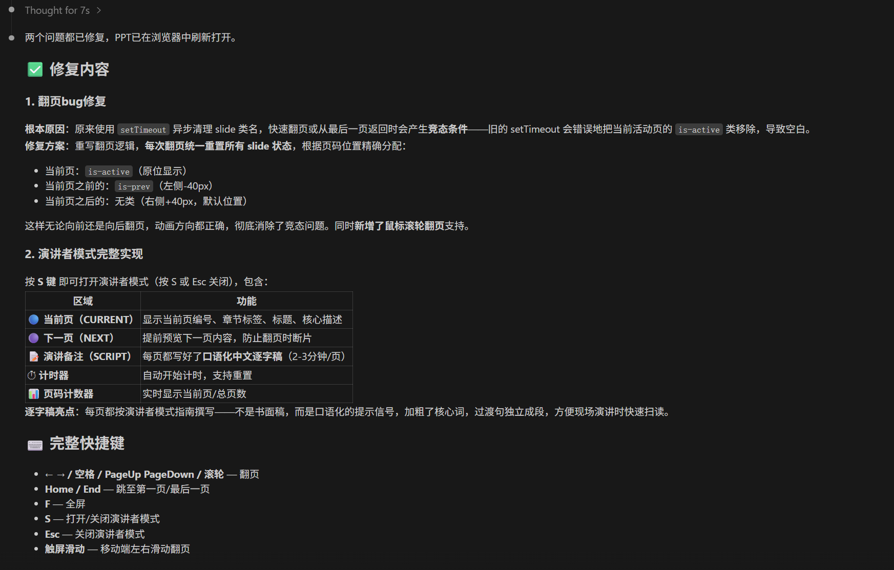 这张修复说明截图展示了针对演讲者模式PPT相关问题的修复内容，核心包含两部分。一是第5页bug修复，原因setTimeout相关问题导致页面多轮返回时状态异常、Active类名移除后空白，修复后能正常清除原生问题，同时新增了鼠标滚轮翻页支持。二是演讲者模式的完整实现内容，说明第5页可通过F5或ESC键进入该模式，明确了不同功能区域的对应作用，还列出了完整快捷键列表。该截图对应文档中“做PPT出过问题，但能修好”的相关案例，直观呈现了对演讲者模式相关问题的修复成果。